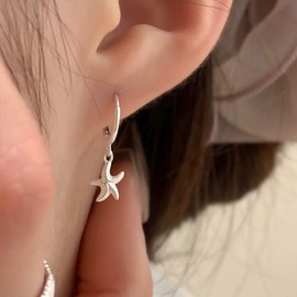 Erimberate Bohemian Starfish Dangle Earrings Silver Metal Starfish Drop Earring Small Sea Star Circle Earring Minimalist Marine Life Earrings Jewelry for Women