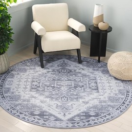 SAFAVIEH Washable Rug Tucson Collection - 6' Round, Grey & Light Grey, Slip Resistant & Easy to Clean, Ideal for Living Room, Bedroom, Dining Space (TSN116F)