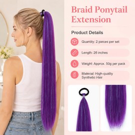 2Pcs Hair Extensions, 26 Inch Straight Ponytail Extensions with Elastic Bands, Suitable for Kids and Women, Perfect for Parties, Raves and Daily Looks (Purple)