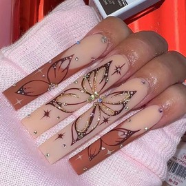 Press on Nails Long Coffin Shaped Glossy Full Cover Acrylic Square Long False Nails with Designs Artificial Extra Long Coffin Fake Nails with Charm Glue Stick on Fingernails for Women Girls(SGCY208)