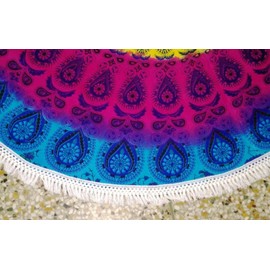 Tie Dye Indian Peacock Feaher Round Hippie Tapestry Wall Hanging Bohemian Mandala Throw with Fringe Lace Boho Gypsy Table Cloth Picnic Blanket Beach Towel, Roundie Yoga Mat