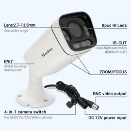 WESTSHINE 1080P 4-in-1 Security Bullet Security Camera, 1/2.8" Sensor 2.7-13.5mm Varifocal Lens 8 LEDs IR Cut 130ft Night Vision Outdoor Indoor Surveillance Cameras(Varifocal 2MP)