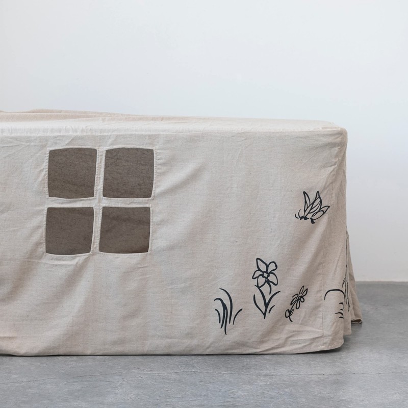 Creative Co-Op Cotton Blend Playhouse, White and Black Tablecloth, Ivory