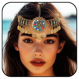 Woeoe Bohemian Gold Head Chain with Turquoise, Antique Coin Hair Chian, Festival Egyptian Headpiece for Women