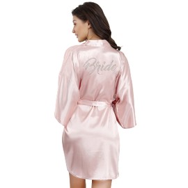 EPLAZA Women's One Size Silver Rhinestones Bride Bridesmaid Short Satin Robes for Wedding Party Getting Ready (Pink, Bride)