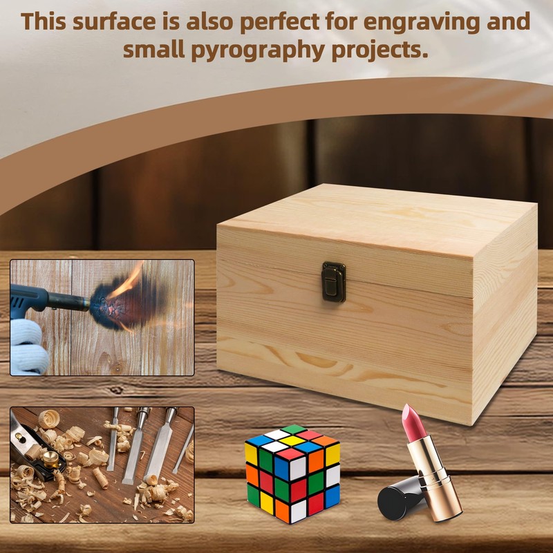 VIKOS Products 10.71x8x5.66-Inch Unfinished Wooden Box with Hinged Lid &