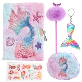 cobalt planet Keyed Notebook, Keyed Journal, Mermaid Diary Set, 5.3 x 8.1 inches (13.5 x 20.5 cm), Fluffy Fur Cover, Ruled Width 8mm, for Girls, Gift Set, Ballpoint Pen with Fur Keychain, Pouch and