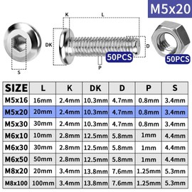 TXXATX M5 x 20 Screws Allen Screws and Nuts Set 50 Sets of Pan Head Screws M5 Flat Head Screws Full Thread Screws with Nuts Stainless Steel Screws for DIY Projects Furniture Repair