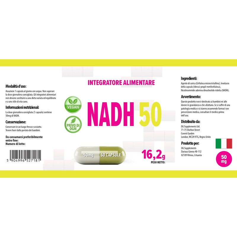 NADH 50 mg 60 Vegan Capsules, Laboratory Tested, High Dosage,