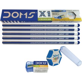 Doms 10 X1 Pencils With Free Eraser and Sharpener and Point Saver Cap - Drawing Sketching Writing - School Home Nursery College - Kids Students