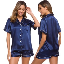 SWOMOG Womens Silk Satin Pajamas Set Short Sleeve Button Down Sleepwear Loungewear 2 Pcs Pj Sets Navy Blue 3X-Large