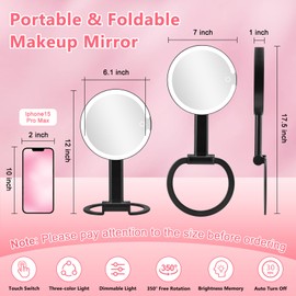 Travel Makeup Mirror with Lights, Rechargeable 1X/10X Magnifying Mirror with Light, Portable Double Sided Lighted Vanity Mirror with 3 Color Dimmable Lights, Hand Held Mirror Hanging Tabletop