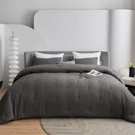 HOMBYS 3 Piece Seersucker Oversized King Comforter Set 120x120, Breathable Grey Soft Comforter Set, Lightweight Bedding Comforter Sets with Comforter for All Season