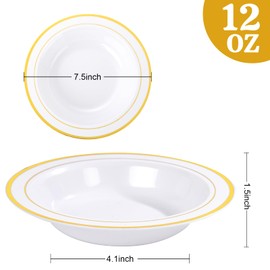 bUCLA 120 Pack Disposable Plastic Bowls Gold Trim 12oz - Elegant Party Bowls Disposable for Salad, Soup, Dessert