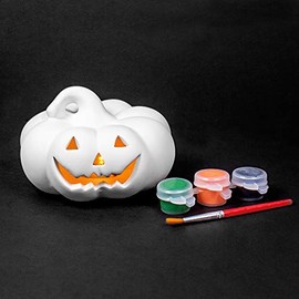 Creative Roots Horizon Group USA Paint Your Own Ceramic Pumpkin, Mini LED Light Up Pumpkin, 3 Acrylic Paint Pots, Mini Paintbrush