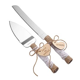 TANG SONG - Juego de cuchillos de acero inoxidable para tartas de boda y servir con mango de plástico de resina con cordel de corazón y diseño de encaje de arpillera