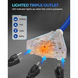 WILAWELS Retractable Cord Reel, 60 FT Heavy Duty Extension Cord, 12AWG/3C SJTOW, 3 Grounded Outlets Lighted Triple Tap, 15A Circuit Breaker, Wall/Ceiling Mounted, UL Listed, Blue U60CR06