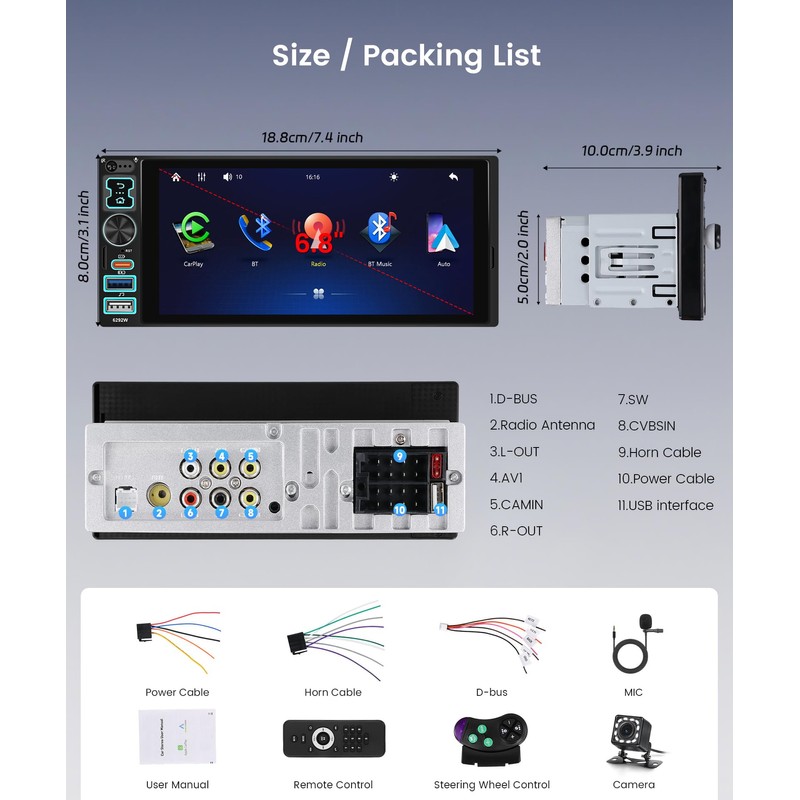 Single Din Car Stereo Wireless Carplay Android Auto, 6.8 Inch