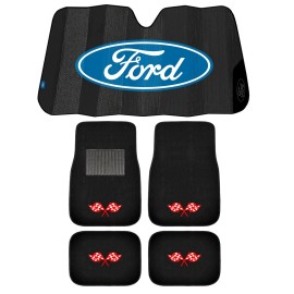 Plasticolor NEW Ford Red Checker Flag 4pc Carpet Car Truck Floor Mats & Auto Fold Sun shade