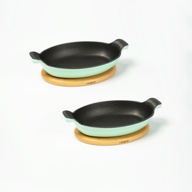 HAWOK Enameled Cast Iron Serving Dish with Magnetic Bamboo Trivet, Oval Server with Handles, Cast Iron Casserole Dish, Set of 2, Green