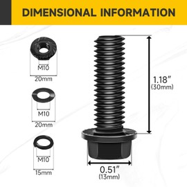 Mywish M10 x 30mm Flanged Hex Head Bolt and Nut Set (10 Sets) - M10x1.5 Black Flange Hexagon Screws With Washers, 10.9 Grade Alloy Steel Metric Assortment