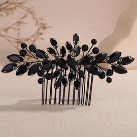 Lenjicons Wedding Rhinestone Pearls Hair Comb Teardrop Rhinestone Bridal Hair Comb Handmade Pearls Crystal Hairpiece Bridal Hair Accessories for Women (black)
