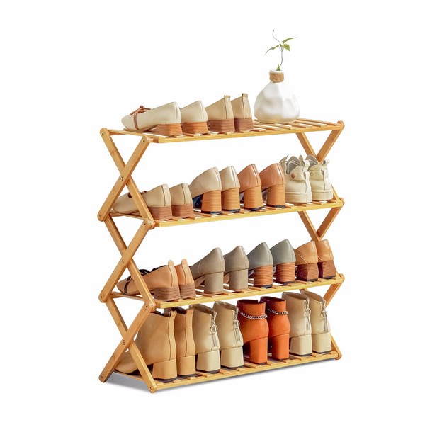 MoNiBloom Foldable Storage Free Standing Shoes Shelf, Bamboo Multifunctional 4-Tier Shoe Organizer for 16-20 Pairs Entryway, Hallway, Corridor, Natural