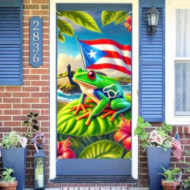 BlissYard Puerto Rico Flags Frog Door Cover Banner 71x35 Inch Puerto Rican Flag Door Cover Backdrop Porch Front Door Cover Background for Outdoor Decor Supplies Home Party Holiday and Celebrations