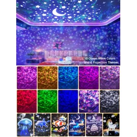 Ocean Wave Projector, Night Light for Kids Bedroom, 10 Color Ocean Waves + 6 Films, Ocean Light Projector with Timer 360° Rotation for Kids Baby Girls, Birthday, Christmas, Gifts, Ceiling, Room Decor