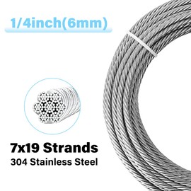 1/4 Stainless Steel Cable, 100ft 304 Stainless Steel Aircraft Cable with Tensile Strength of 6400lbs, 7x19 Strands Wire Rope with Stainless Cable Clamps&Thimble, Perfect for Yard Zipline, Boat Lifts