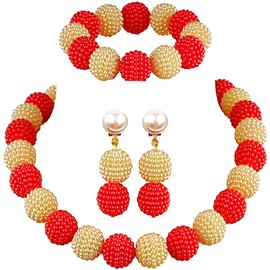 aczuv Nigerian Wedding African Beads Jewelry Set Women Simulated Pearl Necklace and Earrings, Faux Pearl, plastic