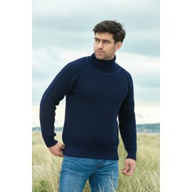 Aran Crafts Men's Irish Cable Knitted Wool Rib Roll Neck Sweater (R761-XXL-NAVY)