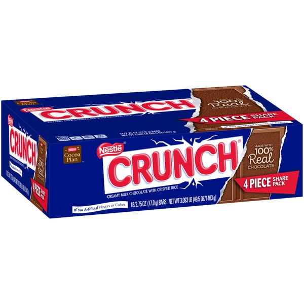 Crunch 100% Real Milk Chocolate Share Candy Bars, Perfect Valentine's Day Gift, 4 Piece Individually Wrapped Bars 2.75 oz (18 Count)