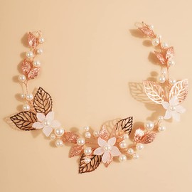 Xerling Rose Gold Flower and Leaf Hair Vine Accessories for Women Girls Wedding Hair Piece Jewelry Pearl Headband for Brides (Rose Gold)