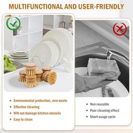 Lyaciomn 6Pcs Bamboo Dish Brush Head Natural Washing Brush Head Eco-Friendly Washing Up Brush Replacement