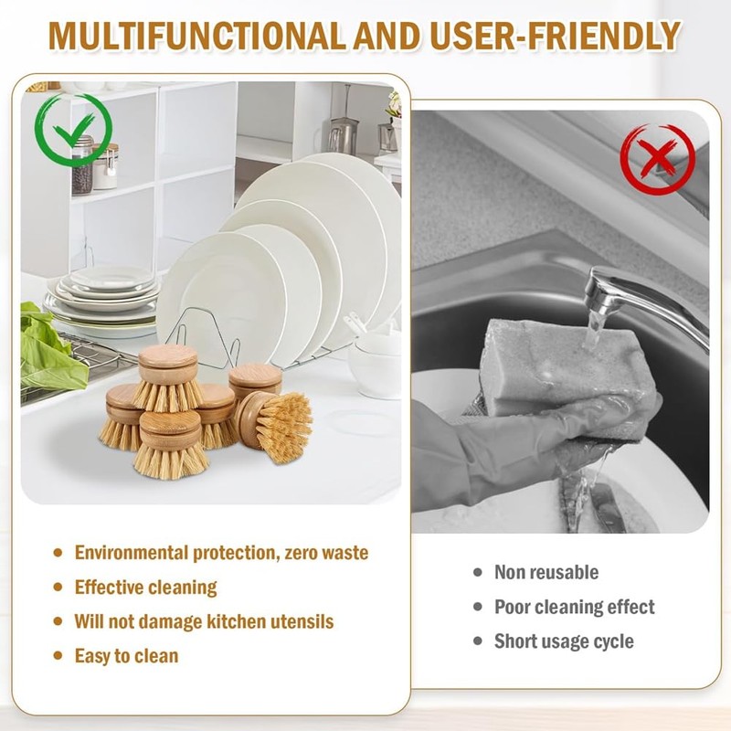 Lyaciomn 6Pcs Bamboo Dish Brush Head Natural Washing Brush Head