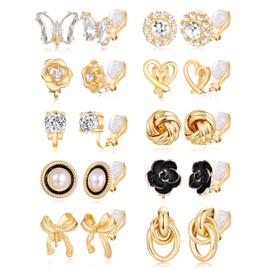 Tornito 10 Pairs Clip On Earrings Round CZ Pearl Twist Knot Bowknot Rose Flower Butterfly Heart Crystal Non Pierced Earrings Clip on Stud Set for Women Gold Tone