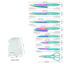 KATISUN Kitchen Knife Set with Block, 14 Piece Rainbow Titanium Coated Stainless Steel Knives Set, Anti-Rust and Dishwasher Safe, 12 Knives with Kitchen Shears and Block