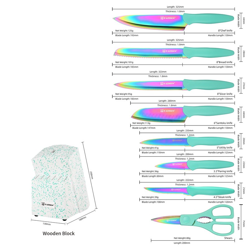 Kitchen Knife Set with Block, 14 Piece Rainbow Titanium Coated