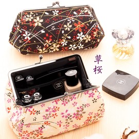 watona Crepe Cosmetic Pouch, Width 7.1 - 8.5 inches (18 - 21.5 cm), Large, 5.5 inches (23 cm), Cherry Blossom, Black