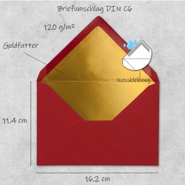 Envelopes DIN C6-114 x 162 mm - 11.4 x 16.2 cm, gummed seal, gold-silver metallic lining, dark red gold