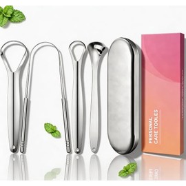 Rascador de Lengua Acero Inoxidable, Set 4 Piezas Limpiador Lingual con Estuche Metálico Portátil, Herramienta Higiene Bucal para Reducir Mal Aliento,