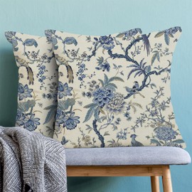 CXMEIFLY Spring Floral Birds Pillow Covers 18 x 18 Inch Set of 2 for Chinoiserie Flowers Decor Throw Pillows Blue and White Plant Outdoor Decorative Cushion Cases for Couch Bed Decorations