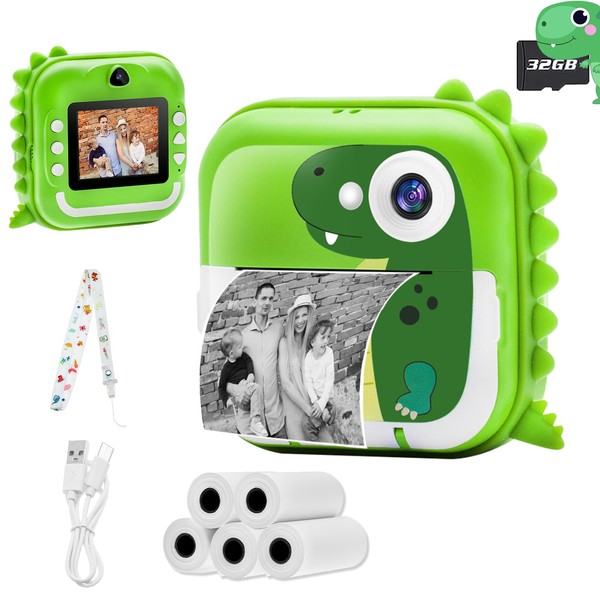 TOYOGO kids camera instant print,1080P HD Digital Camera With 32G SD Card,24MP Photography and selfies,Toddler Portable Camera Toy Age 3-14,Birthday for 3-14 Year Old Girls Boys-Green