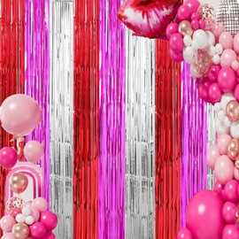 Valentine's Day Photo Booth Props Valentines Party Decorations Red Hot Pink Sliver Foil Fringe Curtain Photo Backdrop for Valentines Day Bridal Shower Pink Birthday 21st Decor 3 Pack,9.9x19.8ft