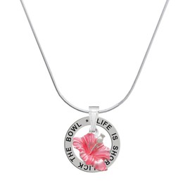 Delight Jewelry Silvertone Hot Pink Hibiscus Flower - Silvertone Life is Short Lick the Bowl Message Ring Necklace, 18"