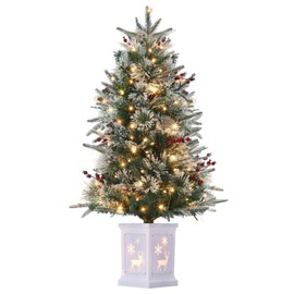Small Christmas Tree with Lights 4 Ft, 4 Foot Christmas Tree Pre-lit with 100 LED Lights, 4 Ft Christmas Tree Prelit with Red Berries Clusters and Hinged Branches