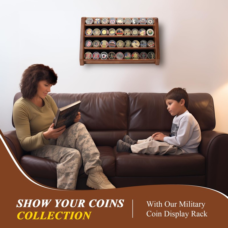 DecoWoodo Challenge Coin Display Case, 4 Row Solid Wood Military
