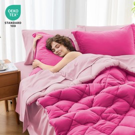 MUXHOMO 7 Pieces Queen Comforter Set, Reversible Bed in a Bag Queen Size, All Season Bedding Set with Comforter, Flat Sheet, Fitted Sheet, Pillowcases & Shams, Hot Pink & Baby Pink