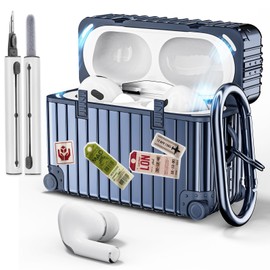 VISOOM Compatible with Airpods Pro 2nd/1st Genreration 2022/2019 Case Cover with Cleaning Kit,Shockproof Cute Suitcase Protective Case Soft TPU with Carabiner [Wireless Charging],Blue